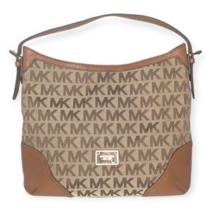 Michael Kors Hobo Shoulder Bag Millbrook Signature Monogram Jacquard Tan Brown